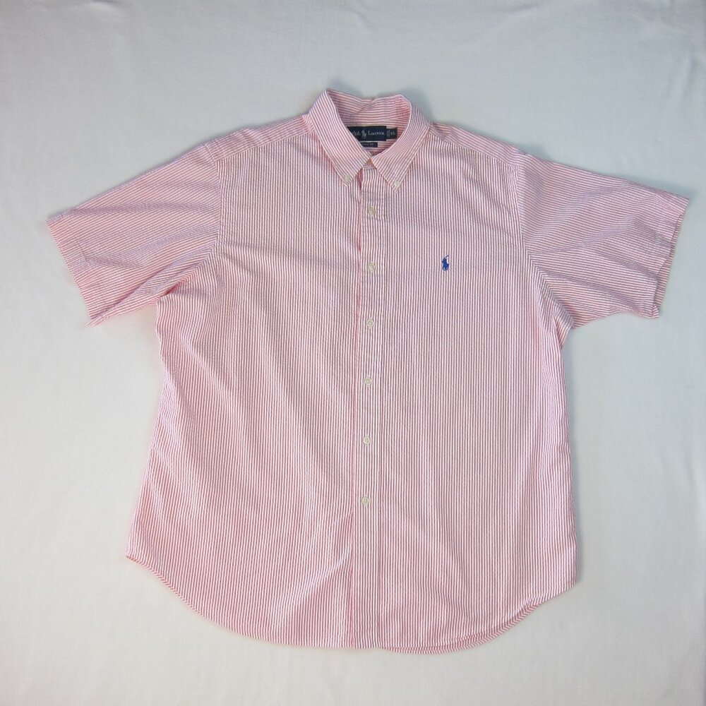 Ralph Lauren Classic Fit Men's Shirt Pink White Seersucker 100%Cotton Size XL